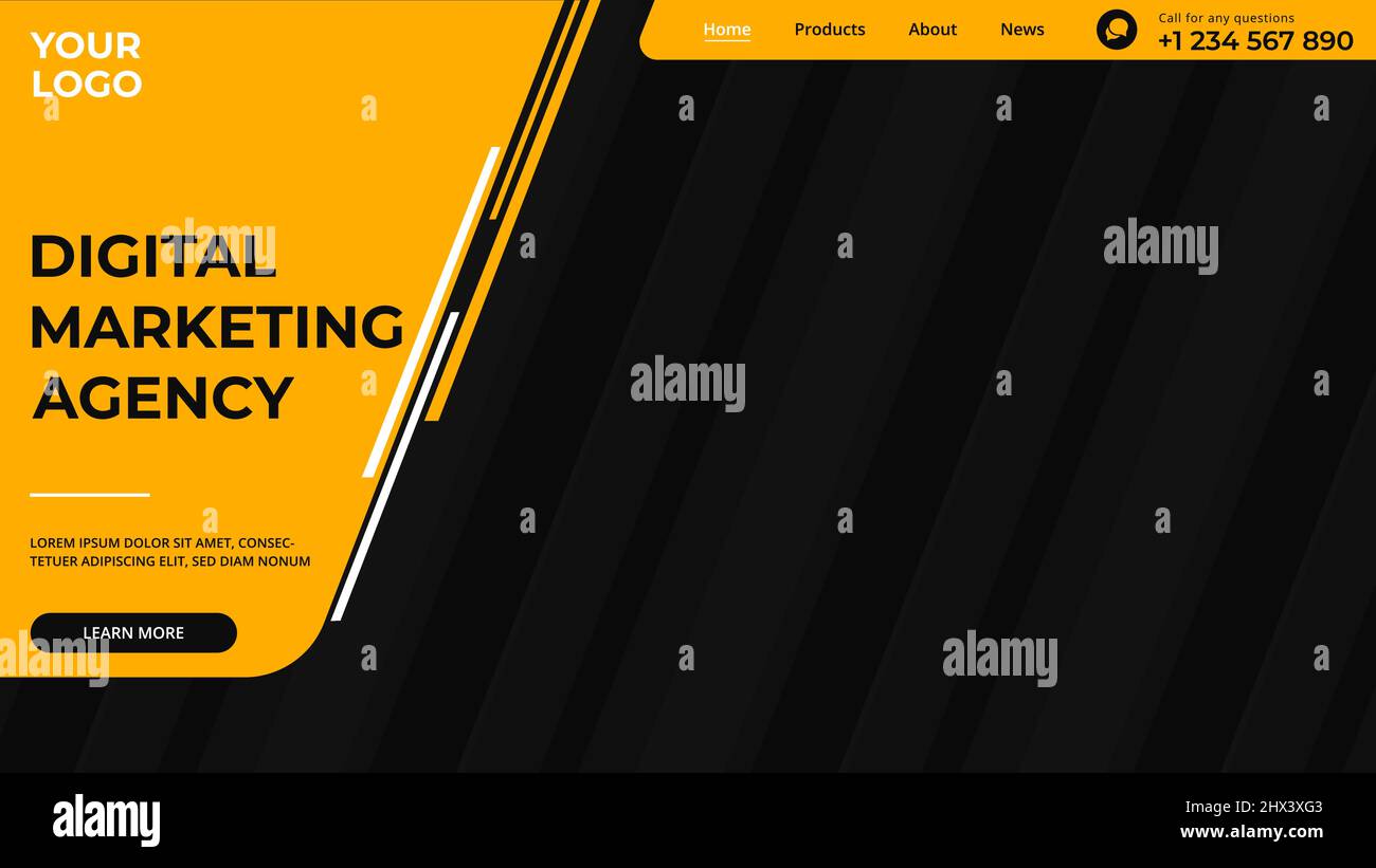Startseite Website Vorlage Digital Marketing Agentur Header. Moderne schwarz-gelbe Werbebanner oder Header für Website. Stock Vektor