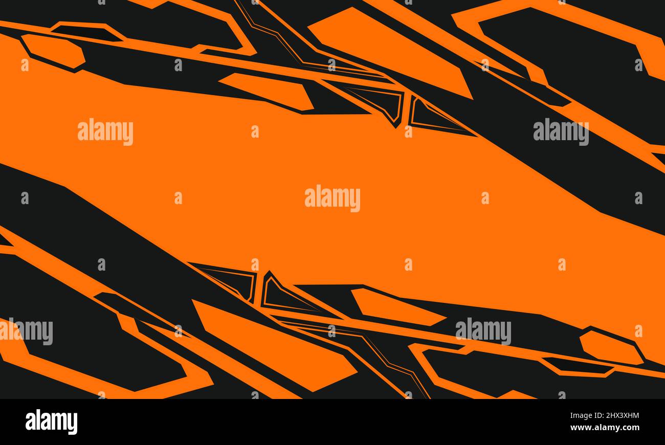Technologie futuristischer abstrakter Hintergrund für Roboterspiele in Orange und Schwarz. Technoflacher Hintergrund. Abstraktes mechanisches geometrisches Formdesign. Stock Vektor