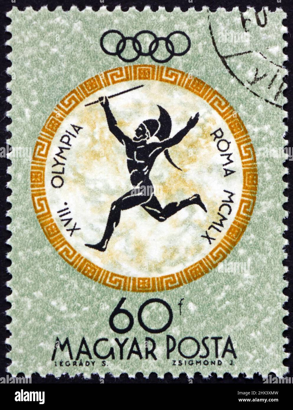 UNGARN UM 1960 Eine in Ungarn gedruckte Briefmarke zeigt Speerwerfer