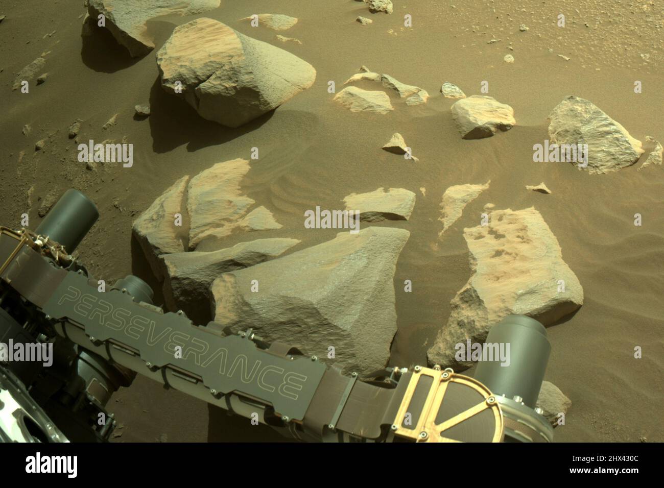 Washington, Usa. 09. März 2022. Der Ausdauer-Mars-Rover der NASA nutzte seine linke Navigationskamera (NAVCAM), um dieses Bild von Sid, einem höher stehenden Felsblock, der hier direkt über dem Arm des Rover zu sehen war, am 24. Februar 2022 (sol 361) zu erfassen. Wissenschaftler planen, dieses Gestein zu verproben, bevor der Rover für die nächste Wissenschaftskampagne der Mission zum Delta auffährt. NASA/UPI Credit: UPI/Alamy Live News Stockfoto