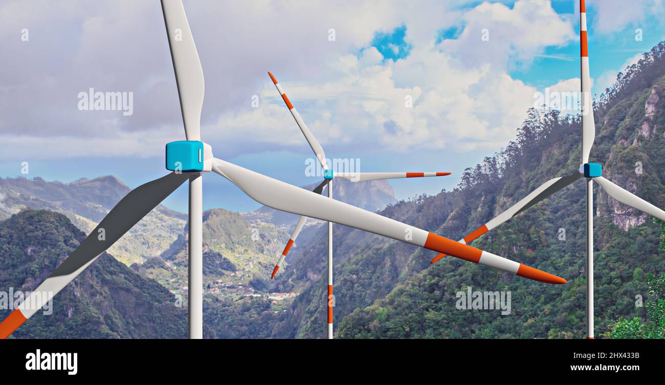 Eine moderne Windkraftanlage mit Batteriespeicher in der wilden Natur, 3D Abbildung Stockfoto