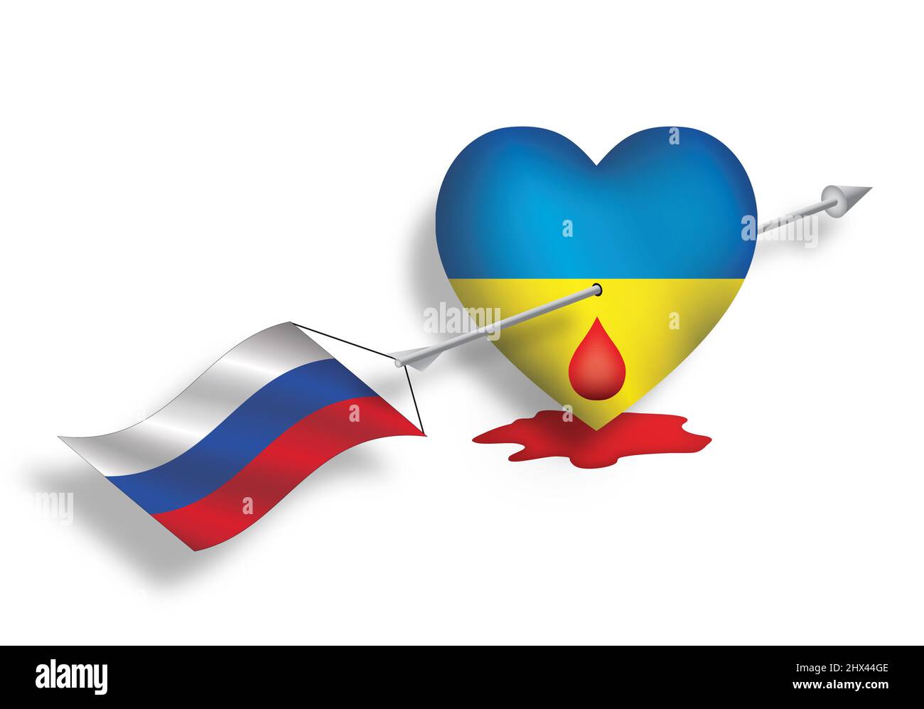 Konzeptuelles Bild des ukrainischen Herzens, durchbohrt von Russland Stockfoto
