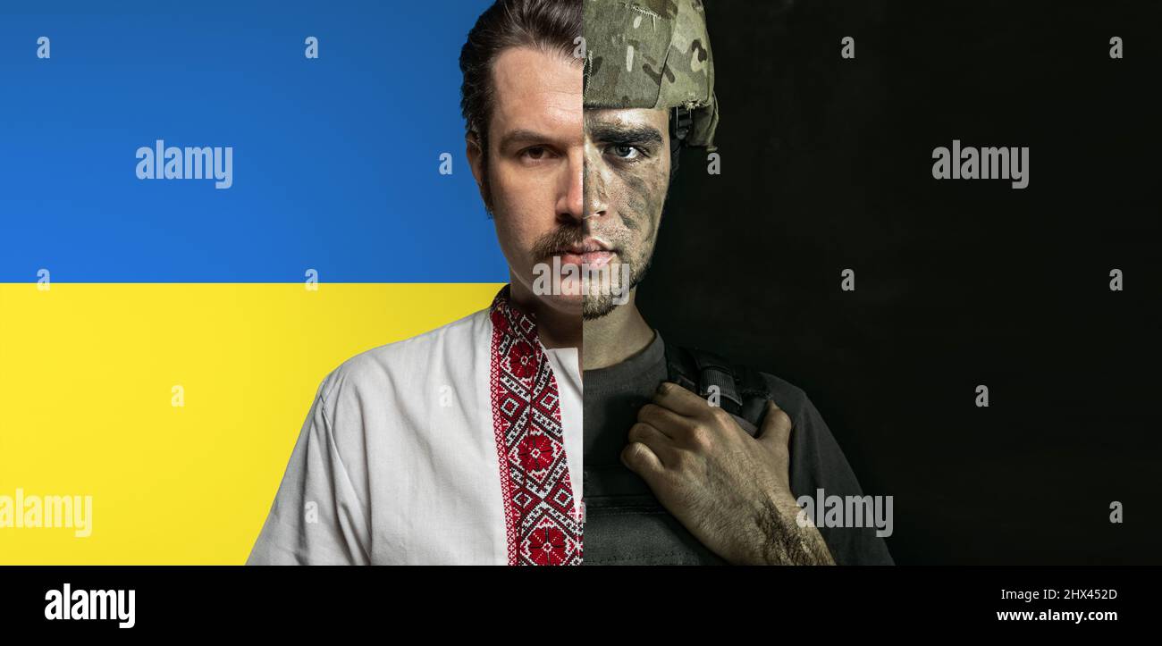 Beschnittene Porträts von ernsthaften Männern in Militäruniform und besticktes Hemd in ukrainischer Nationalkleidung namens Vyschywanka. Stoppt den Krieg Stockfoto