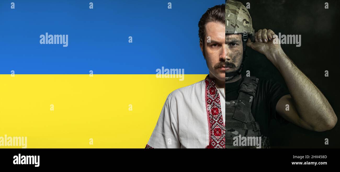 Mut. Halbgesichtige Porträts eines ernsthaften Mannes in Militäruniform und besticktes Hemd in ukrainischer Nationalkleidung namens Vyschywanka Stockfoto
