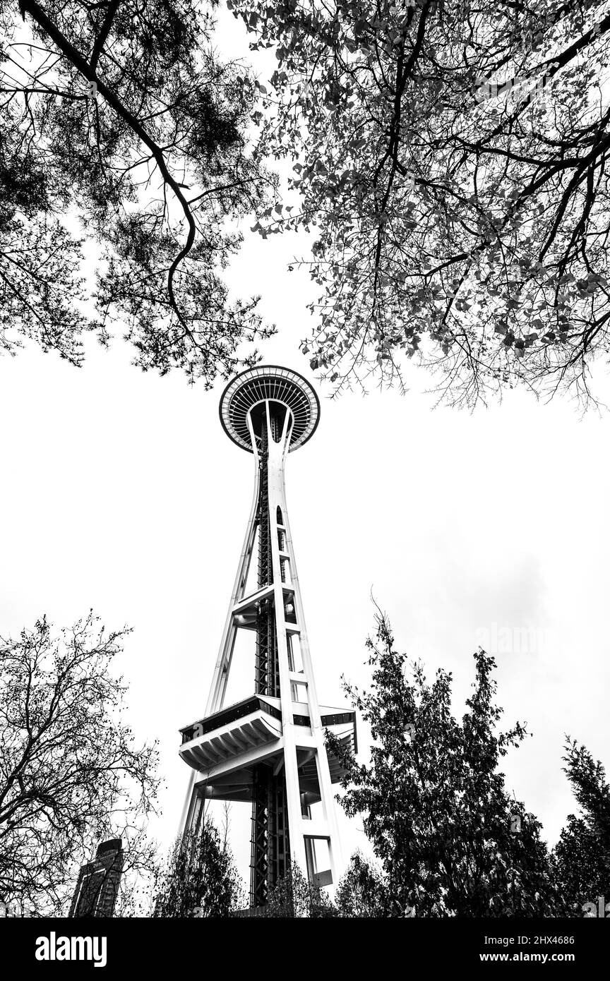 Schwarz-Weiß-Ausschnitt aus der Space Needle Stockfoto