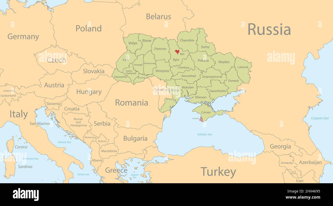 Ukraine Karte Mit Einzelnen Regionen Und Hauptstadt Mit Einzelnen Nachbarstaaten Mit Namen