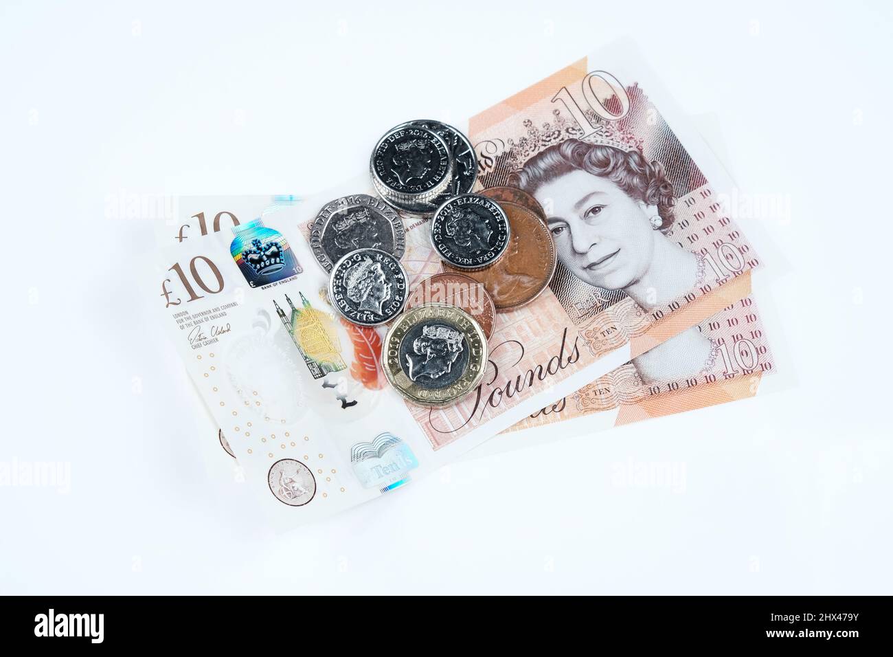 British Money (Cash) auf weißem Hintergrund Stockfoto