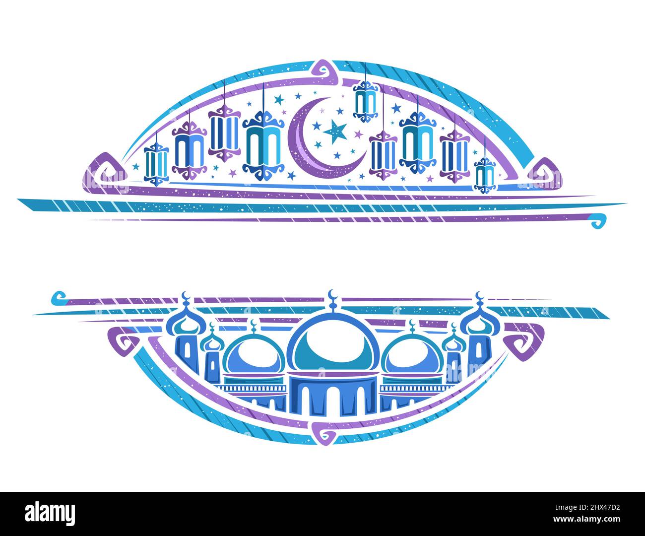 Vektor-Grenze für den Heiligen Monat Ramadan mit Kopieplatz für Text, dekorative Einladung mit Abbildung der Gruppe hängenden Öllampen und Halbmond, Masjid Stock Vektor