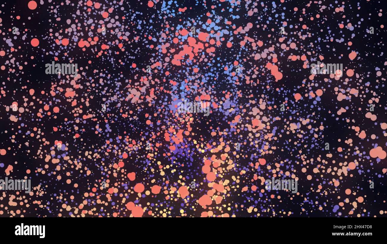 Viele runde bunte Teilchen im Raum bewegen sich in einem Kreis auf schwarzem Hintergrund, nahtlose Schleife. Kleine chaotische Punkte aus roten, gelben, violetten Farben fliegen Stockfoto