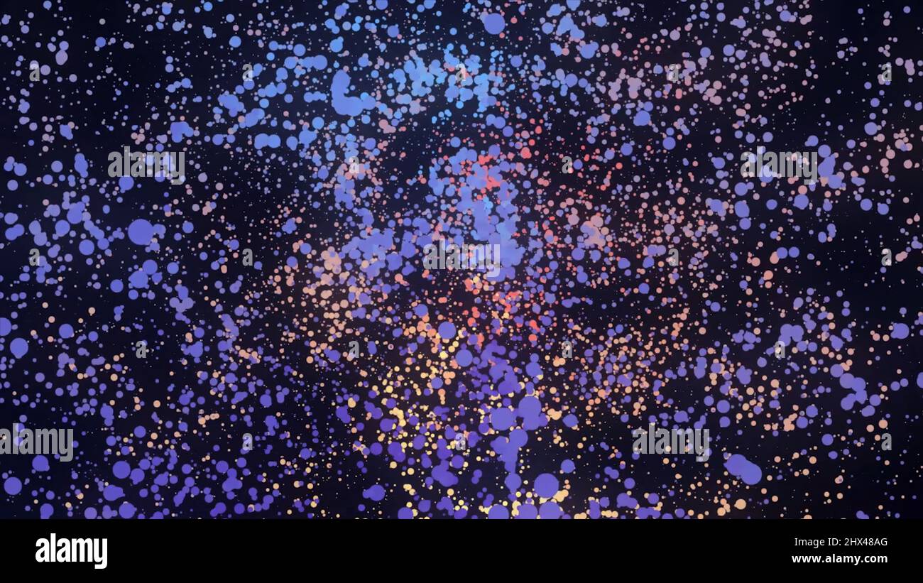 Viele runde bunte Teilchen im Raum bewegen sich in einem Kreis auf schwarzem Hintergrund, nahtlose Schleife. Kleine chaotische Punkte aus roten, gelben, violetten Farben fliegen Stockfoto