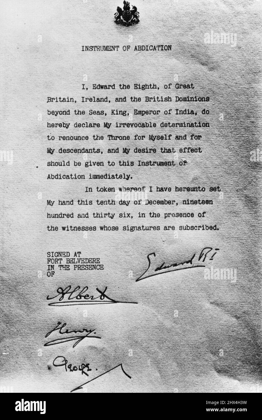 Abdankung Des Herzogs Von Windsor Am 1936. Dezember 04. Januar 1937. (Foto: Sport & General Press Agency, Limited). Stockfoto
