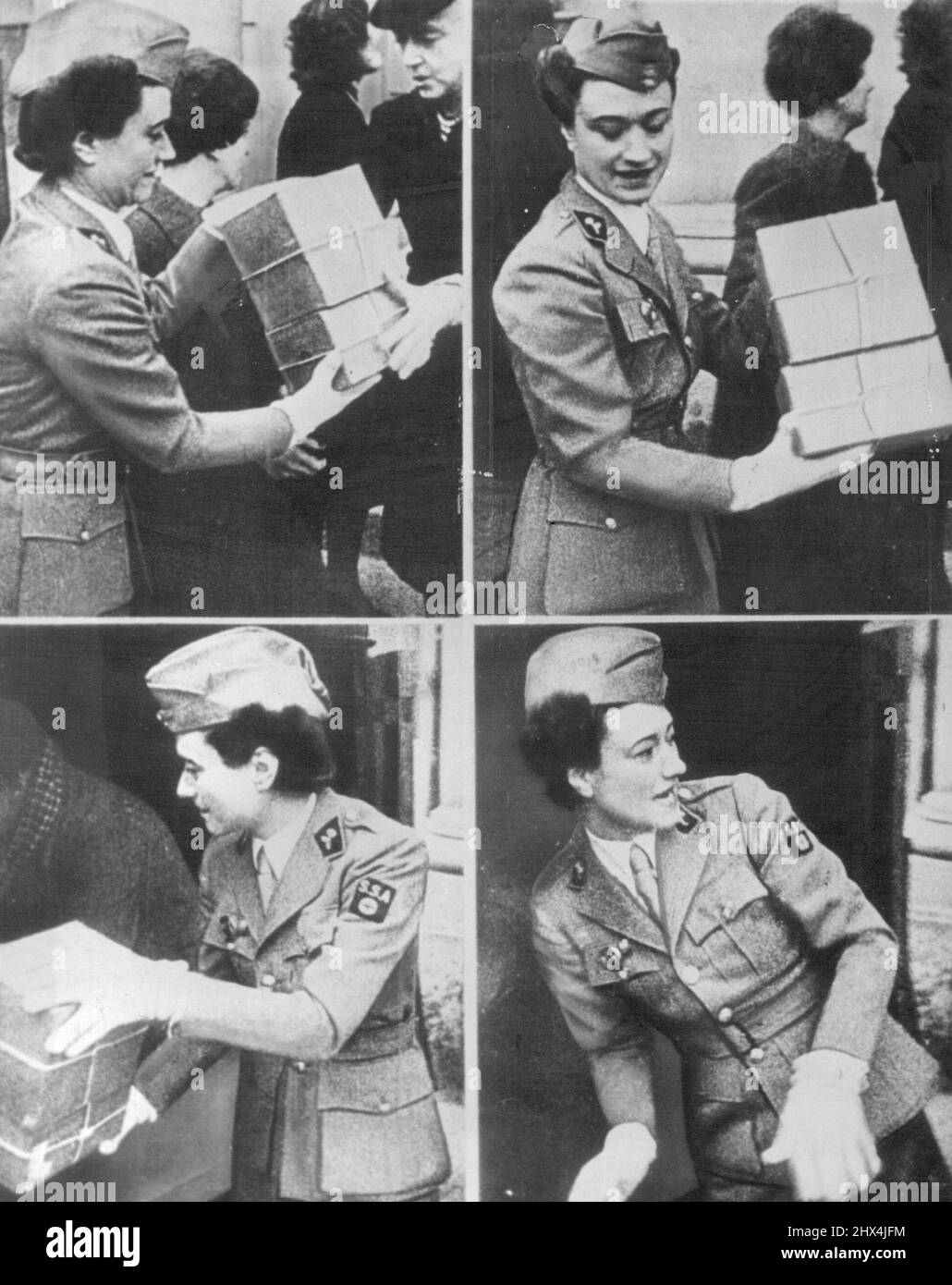 Herzogin von Windsor (L-R) oben und unten in Paris gezeigt Laden von Weihnachtsgeschenken in einen LKW zur Verteilung an französische Soldaten. Sie wird mehrere Pakete übergeben, dreht sich dann um und legt sie in den Heck of Truck, und ruft über ihre Schulter für eine weitere Armvoll Bundles. 11. Juli 1954. Stockfoto