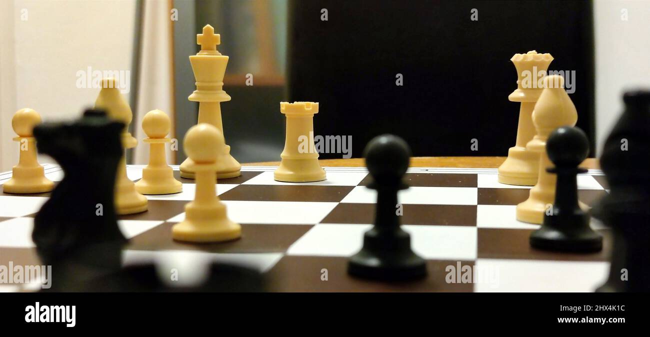 Weiße und schwarze Schachfiguren auf einem Schachbrett während eines Schachspiels. Stockfoto