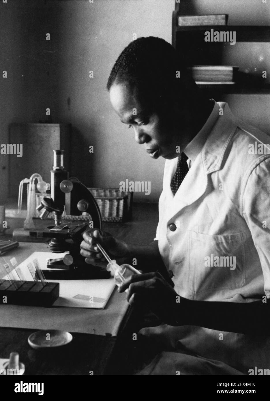 Kampf gegen Tropenkrankheiten -- Ein Mitarbeiter des Medizinischen Forschungsinstituts, Gold Coast, Herr G. A. Agbenu, untersucht einen Test, der das Vorhandensein von Wurmbefall bestimmen wird. Herr Agbenu war neun Jahre lang in den Nordgebieten bei Untersuchungen zur Trypanosomiasis tätig. Das Medizinische Forschungsinstitut an der Goldküste führte den oft gefährlichen Laborwok im Kampf gegen Tropenkrankheiten durch. Das Institut wurde 1920 von Dr. McAfee, dem ersten Direktor der medizinischen Forschung, gegründet. In der Finanzkrise 1931 war ein großer Teil des europäischen Personals so recherchiert Stockfoto