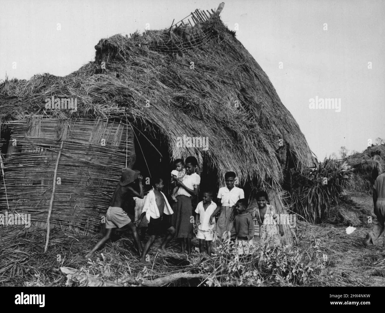 Fidschi Hurrikan -- fröhlich angesichts der Widrigkeiten; eine einheimische Familie, typisch für Tausende, die unter dem Hurrikan gelitten haben, außerhalb ihrer schwer beschädigten Wohnung auf der Hauptinsel Fidschi, Viti Levu. 3. Februar 1952. (Foto von New Zealand Herald Photo). Stockfoto
