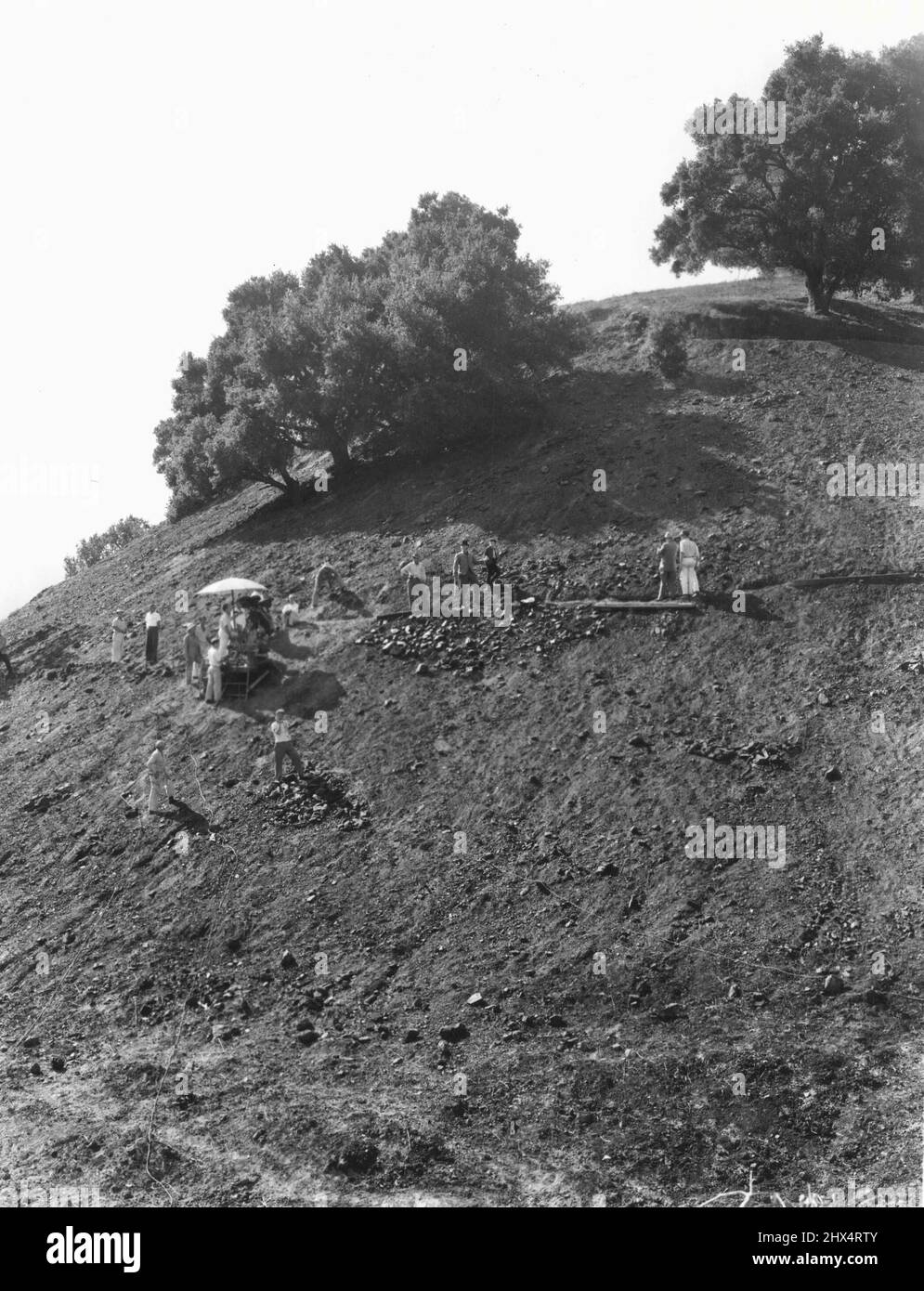 Eine Szene aus der Century-Fox-Produktion von 20. - 'How Green Was My Valley'. Hollywood paints A Hillside: Dieser einst grasbewachsene Hügel im kalifornischen San Fernando Valley ist jetzt, im Grunde und für alle Zwecke, ein Schwarzer Kohlenschlackhaufen. Für Szenen aus der Darryl F. Zanuck-Produktion „How Green Was My Valley“ für 20. Century-Fox wurde der Hügel von Vegetation entfärbt und mit schwarzer Farbe besprüht. Regisseur John Ford leitet hier eine Szene mit Donald Crosp und Roddy McDowall als Pa und Huw Morgan. 3. November 1947. Stockfoto