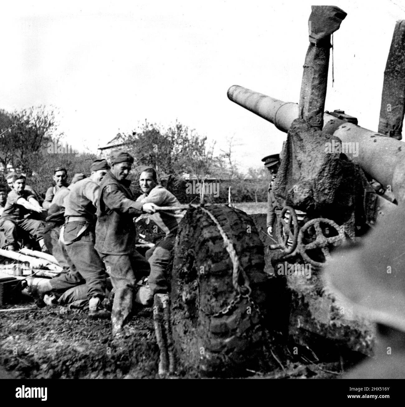 Fünfte Armee kämpft gegen Schlamm und Deutsche auf Roccamonfina A 5. 5 Medium Field gun, von einem britischen Regiment als Handtuch, mit Handtüchern behandelt und in Einsatzposition gekauft, über sehr schlechtem Land auf dem Mount Roccamonfina. Die Männer hatten aufgrund der weichen Natur der Erde große Schwierigkeiten, diese Waffen in Position zu bringen, wie die tiefen Radspuren zeigen. 22. Februar 1944. (Foto von British Official Photograph). Stockfoto