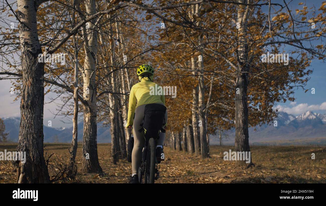 Die Frau reist auf gemischtem Terrain mit Bikepacking. Die Reise des Reisenden mit Fahrradtaschen. Sportswear in grün-schwarzen Farben. Die Reise in den magischen Herbstwald, Bogen, Allee, Allee. Stockfoto