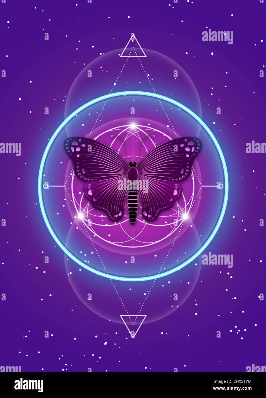 Schmetterling über Mandala, Heilige Geometrie, Logo-Symbol für Harmonie und Balance, leuchtendes Psychedelisches Neon. Bunte geometrische Ornamente, Yoga entspannen, Spir Stock Vektor