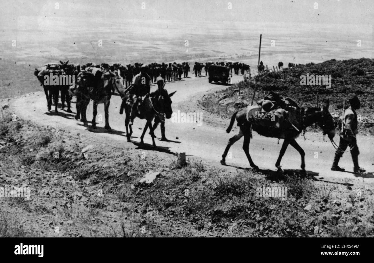 Baalbeck, ein wunderschönes syrisches Touristenresort, das sowohl im Sommer als auch im Winter berühmt ist, liegt etwa 40 Meilen Inland von Beirut entfernt. Vichy seneqalesische Truppen, mit Packmules, die die steile Straße aus dem fruchtbaren Tal von Baalbeck besteigen und nach dem Waffenstillstand nach Tripolis fahren. Ein australischer Transport nach Baalbeck fährt an der Säule vorbei. 14. August 1942. (Foto von Australian Official Photograph). Stockfoto
