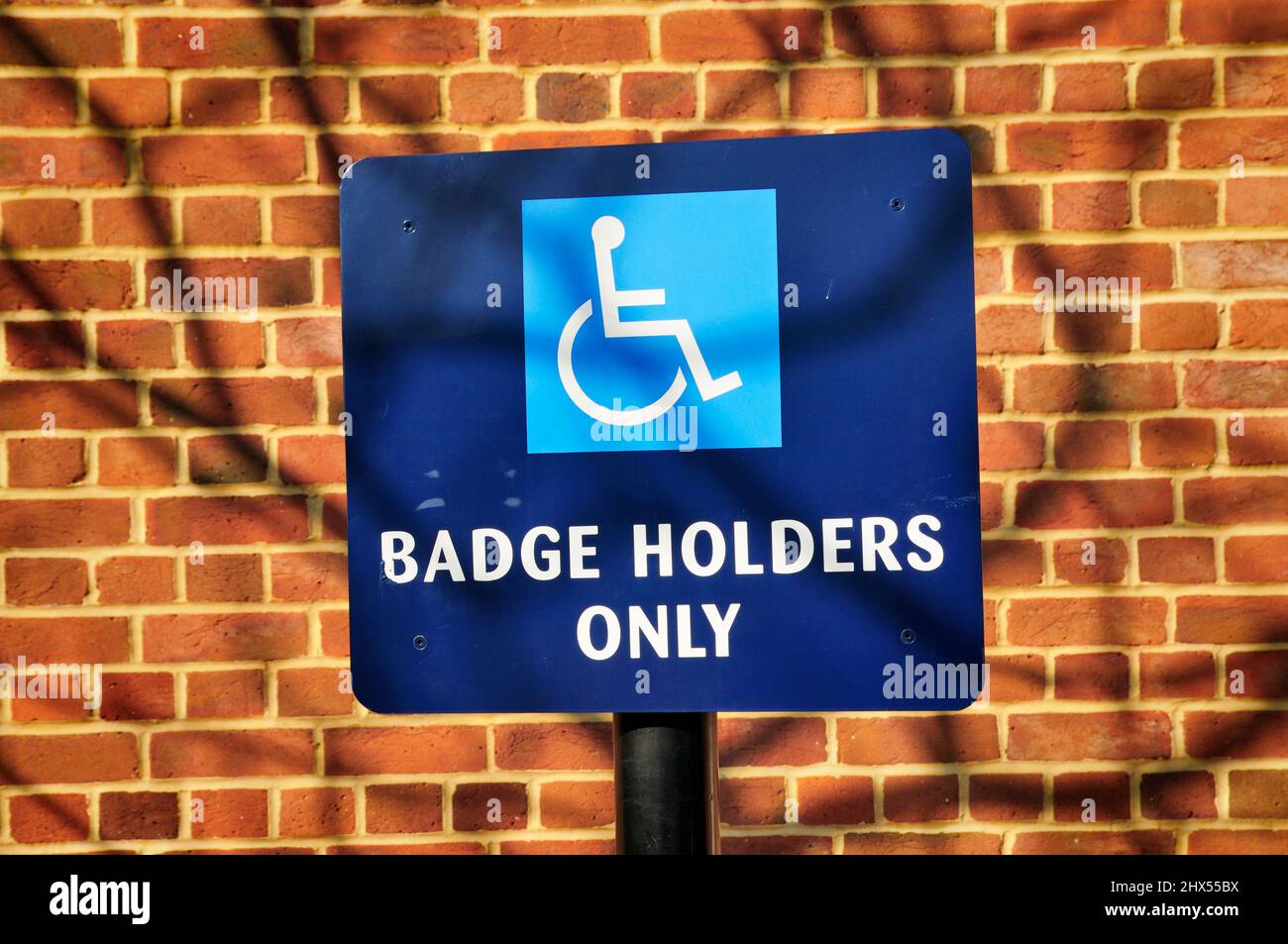 Ein Behindertenparkschild auf einem Parkplatz nur für Inhaber von blauen Ausweisen, England, Großbritannien. Stockfoto