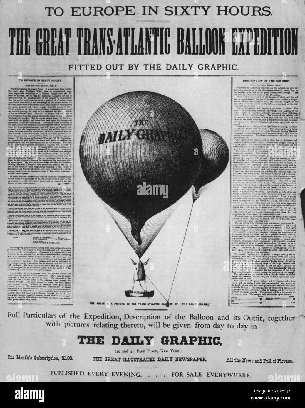 Der Flug, Der Scheiterte Die New Yorker Zeitung The Daily Graphic beschloss, den Ballonfahrer John Wise und seinen Mitarbeiter W. H. Donaldson bei einem Plan zu unterstützt, den Atlantik in einem Ballon zu überqueren. Dies ist die erste Instanz im Modern Journalism einer Zeitung, die sich systematisch verpflichtet, ihre eigene Schaufel zu schaffen. Tägliche Grafik-Promotion für den Flug. 15. Juni 1940. (Foto von Schoenfeld Collection of Camera Features). Stockfoto