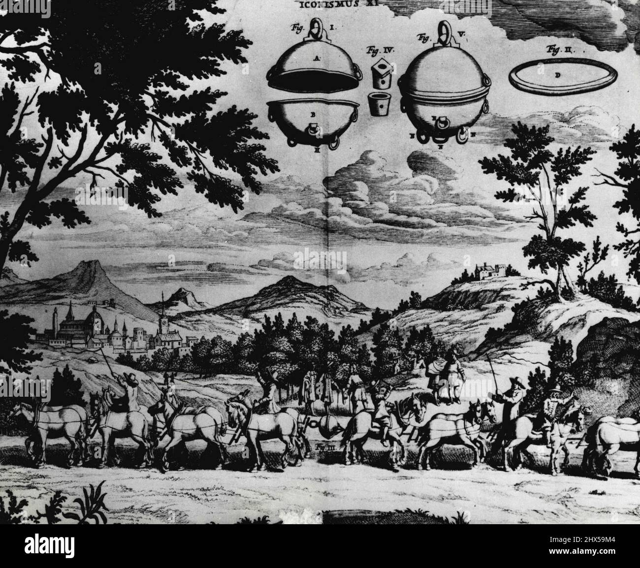 Geschichte unter Druck - Diese Zeichnung wurde in einem alten Buch über die Magdeburger Demonstration entdeckt. Es zeigt die ursprüngliche Szene, als zwei achtköpfige Teams vergeblich versuchen, die Vakuumsphäre auseinander zu ziehen. Oben im Bild sind die speziell angefertigten Hemispheres zu sehen, mit denen Otto von Guericke den starken Luftdruck unter Beweis stellte. Sie werden vor und nach dem Beitritt angezeigt. 08. April 1955. Stockfoto