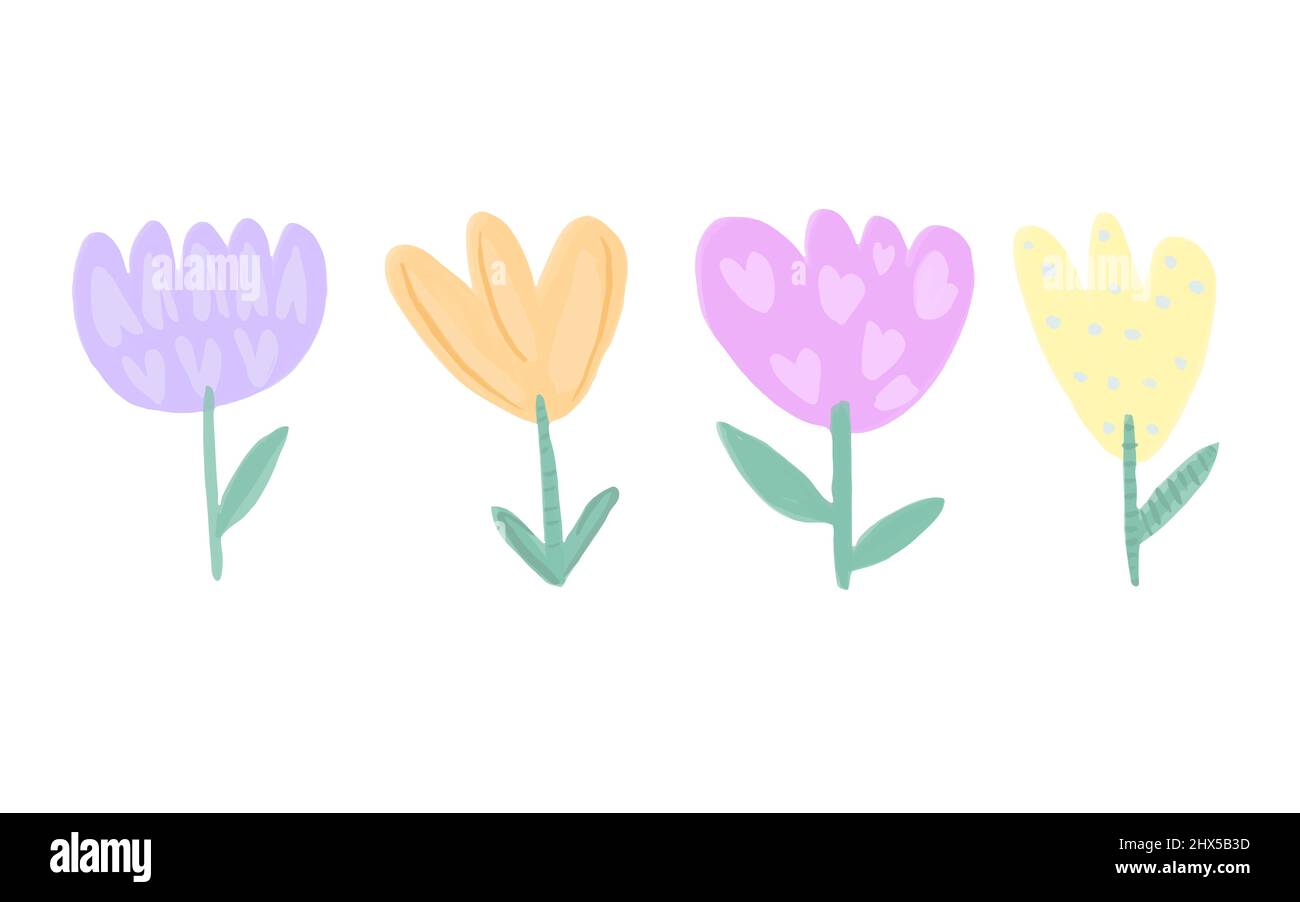 Set von niedlichen Vektor-Blumen. Niedliches, flaches Cartoon-Design. Bunte Tulpen handgezeichnet im Kinderstil. Stock Vektor