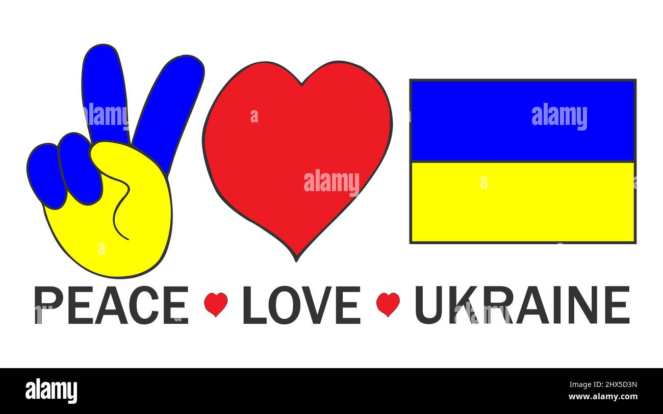 Frieden, Liebe, Herz, Flagge der Ukraine, motivierende Worte. Vektordarstellung.Vektorlogo. Stock Vektor