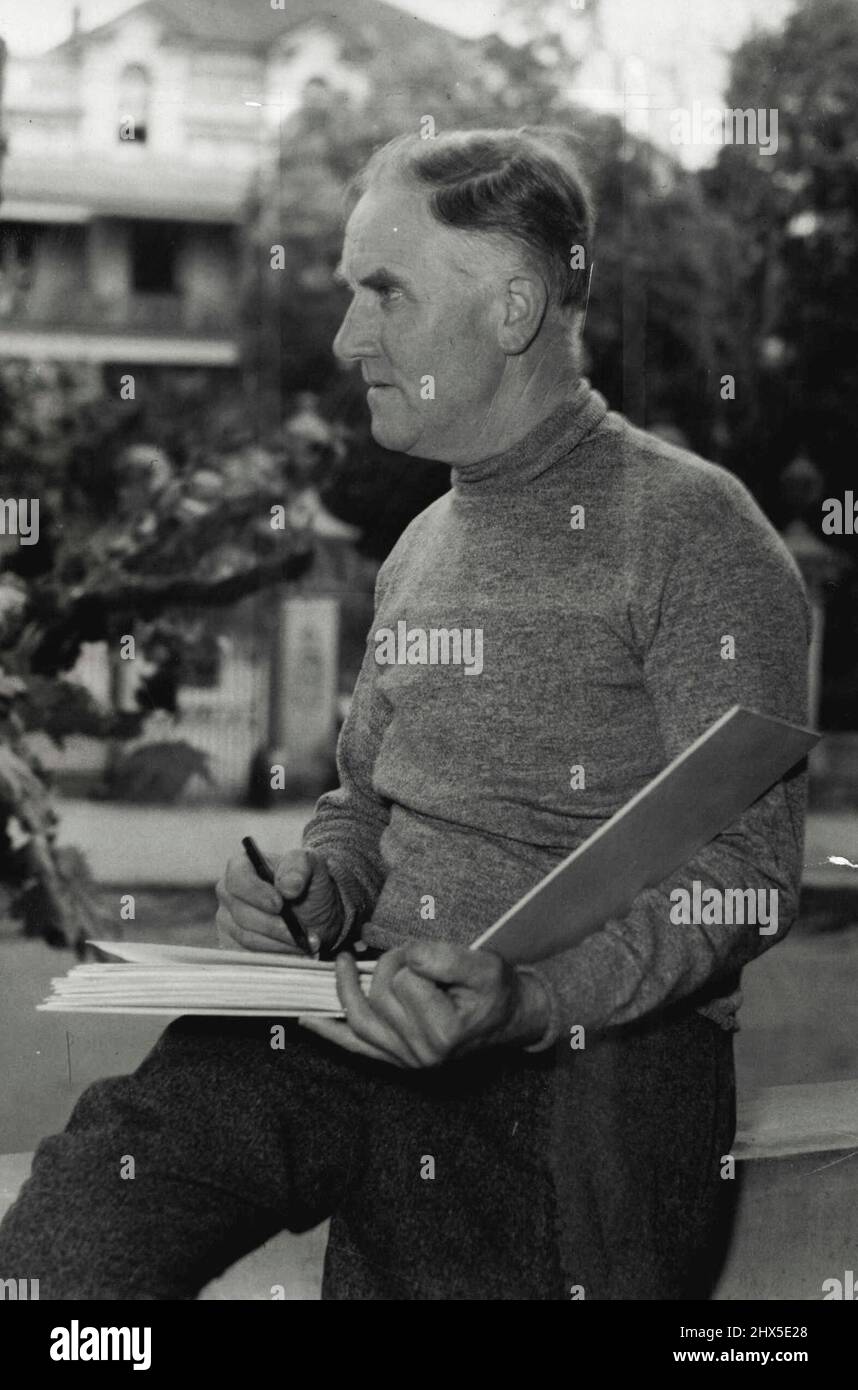 Mr. Hens Heysen, der bekannte Künstler, kam gestern Morgen (Samstag) von seinem Haus in Adelaide mit Sorgfalt an, um die erste große Einzelausstellung seiner Leinwände in Sydney seit neun Jahren zu zeigen. Herr Heysen, der gestern seinen 60.. Geburtstag feierte, wird die Ausstellung in den Ausstellungsgalerien des Marktladens von David Jones abhalten. Herr Lionel Lindsay wird die Sammlung am Dienstag (Okt 11) um 3 Uhr wurde Herr Heysen bei seiner Ankunft fotografiert und machte eine Skizze aus dem Fenster der Wohnung, die er während seines Aufenthalts hier gemacht hat. 20. November 1938. Stockfoto