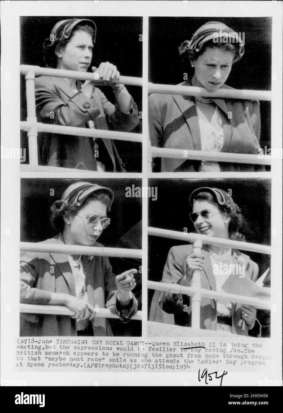 Die Royal Gamut laufen lassen -- Queen Elizabeth II macht die Emoting, aber die Ausdrücke wären jedem Rennsport-Fan vertraut. Die britische Monarchin scheint die Bandbreite von Hoffnung über Despai bis hin zum Lächeln auf das „vielleicht nächste Rennen“ zu haben, als sie gestern am Ladies Day-Programm in Epsom teilnimmt. 5. Juni 1954. (Foto von AP Wirephoto). Stockfoto