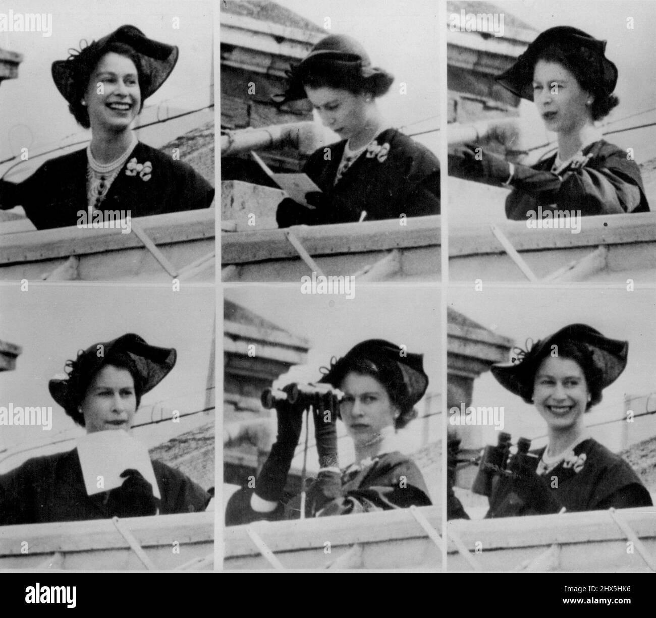 Royal Racegoer in Ascot -- Diese sechs Bilder zeigen, wie die Queen das Rennen in Ascot, Berkshire, heute, am 19. Juli, von der Spitze der Royal Box aus beobachtet. Ihre Majestät sah, wie die Aga Khan's Tulyar die £23.000 King George VI und Queen Elizabeth Stakes, die von Charlie Smirke geritten wurden, gewann. 19. Juli 1952. (Foto von Associated Press Photo). Stockfoto