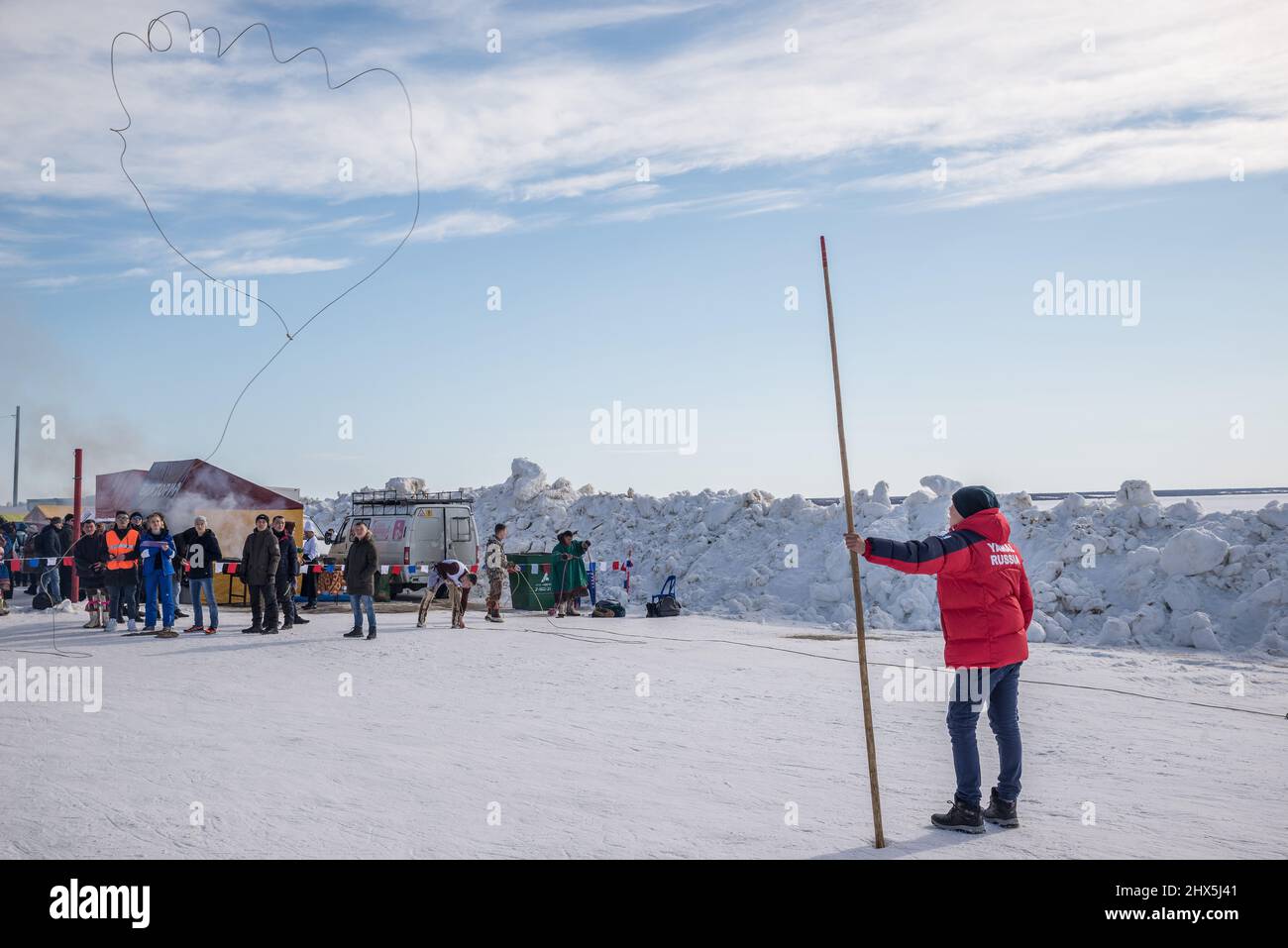 Lazo-Wettbewerb beim Rentier Herders Festival in Salekhard, Autonomer Kreis Yamalo-Nenzen, Russland Stockfoto