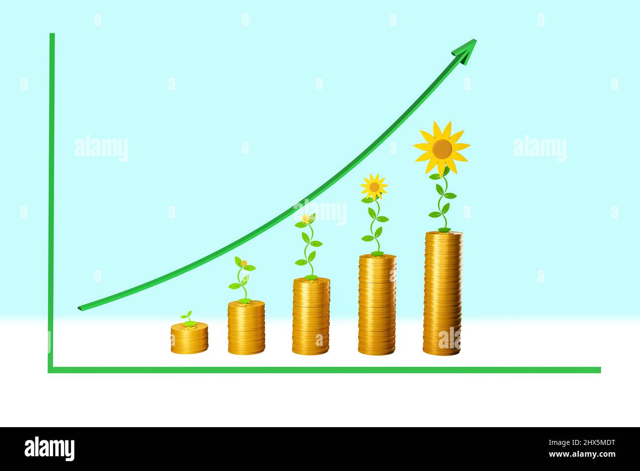 Green Eco Investment, Haufen Geld mit Sonnenblumenanbau, Environmental Investment Funds Konzept, 3D Illustration Stockfoto
