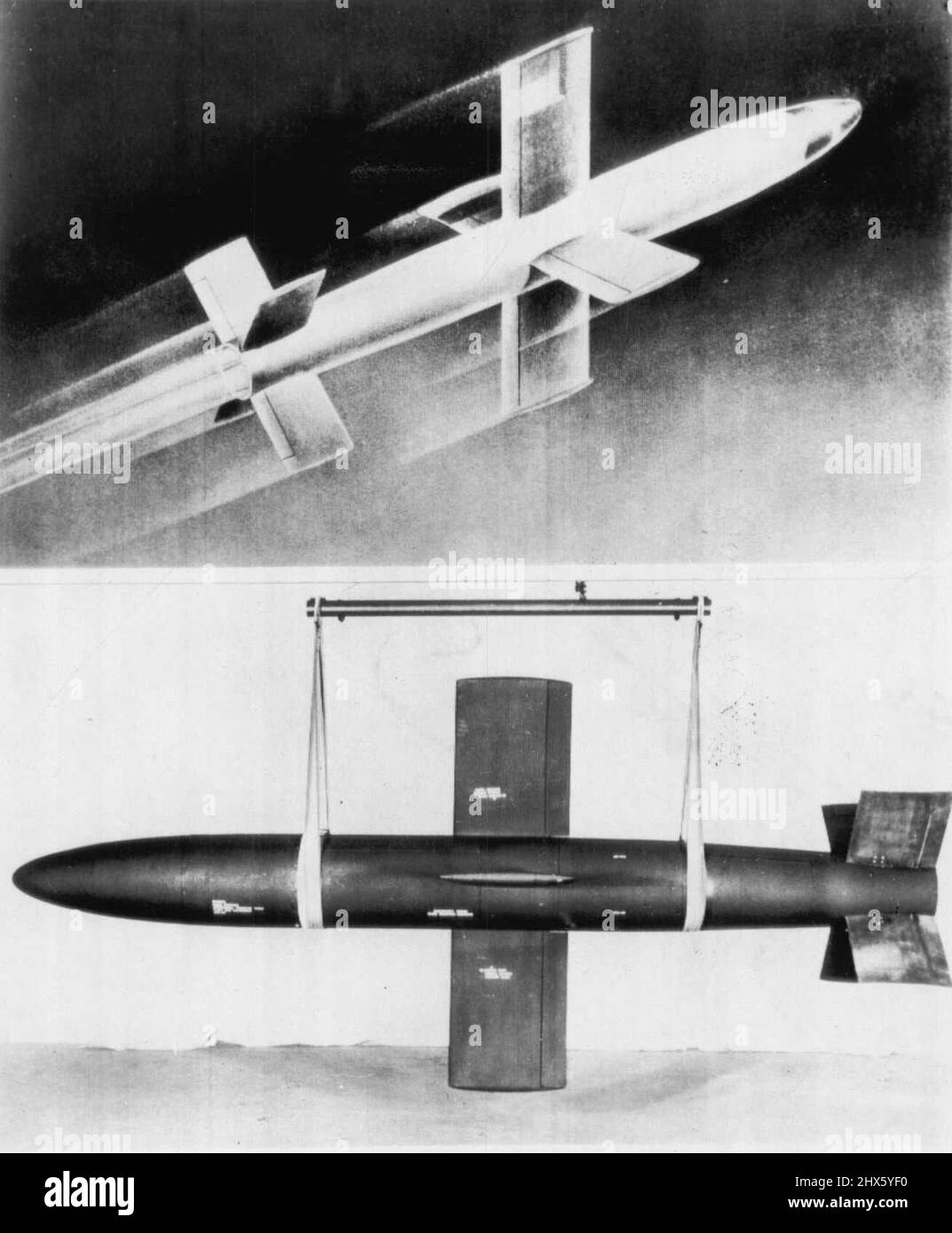 Navy enthüllt Raketengetriebene Rakete -- die Navy stellte eine ihrer neuesten Lenkraketen vor, mit der Veröffentlichung dieser Bilder der Fairchild Lark, einer raketengetriebenen Schiff-Luft-Lenkrakete, die offiziell als XSAM-N-2 gelistet ist. Ganz oben steht die Vorstellung eines Künstlers von der Lark in Flight. Unten wird die Lark für die Lieferung in der Fabrik in Farmingdale, N.Y., vorbereitet.die Rakete wurde im Naval Air Missile Test Center, Point Mugu, Kalifornien, getestet, aber die Bauvorschriften und die Durchfüberstellung wurden geprüft Stockfoto