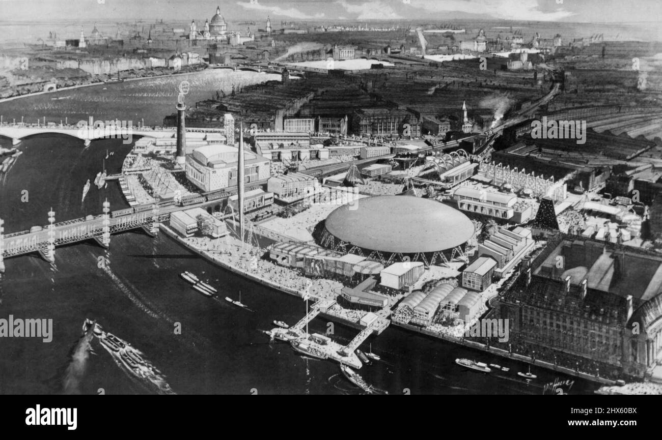 Festival OF Britain Ausstellung am Südufer der Themse - ein Eindruck eines Künstlers der South Bank 1951 Ausstellung für das Festival of Britain. Der Dome of Discovery, der größte Dome der Welt, ist im Vordergrund mit dem Skylon zu sehen, einem vertikalen Feature, das so gebaut wurde, dass es links in der Luft schwebt (in der Nähe der Brücke). Hinter der ersten Brücke befindet sich der Old Shot Tower (früher wurde er zum Umrunden verwendet, der über ein Radargerät verfügt, mit dem Strahlen vom Mond auf seinem Gipfel „abgeprallt“ werden können. Die Landestelle für den Fluss b Stockfoto
