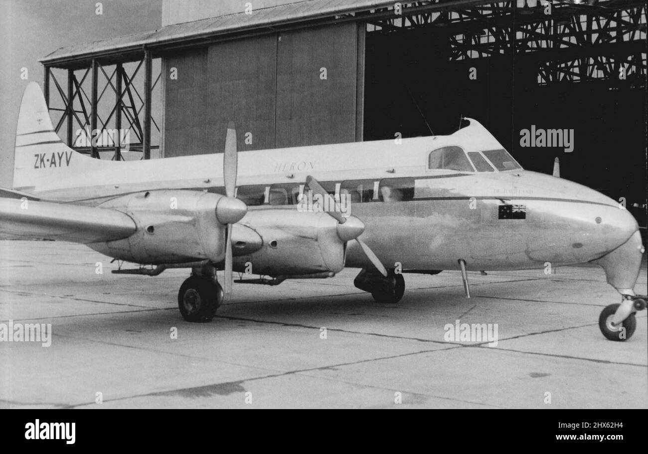 Das neue Flugzeug „Heron“, das heute von London aus in Bankstown ankam. Mit einer Reisegeschwindigkeit von 165 M.P.H. und einem Wert von £37.500 ist das Flugzeug das erste, das in Australien ankommt. 11.Mai 1952. (Foto von Mulligan J. A.). Stockfoto
