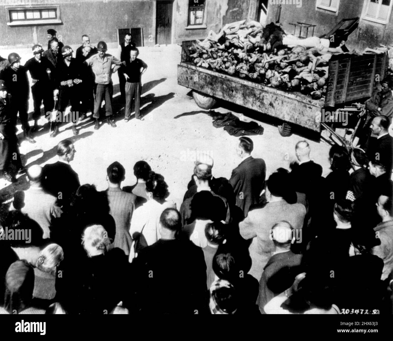 Deutsche Zivilisten sehen Leichenladung - Zivilisten in der deutschen Stadt Weimar werden von der US 3. Army Military Police (linker Hintergrund) gezwungen, eine Ladung toter Gefangener in Buchenwald, dem nahe gelegenen Nazi-Greuellager, zu sehen. 25. April 1945. (Foto von AP Wirephoto). Stockfoto