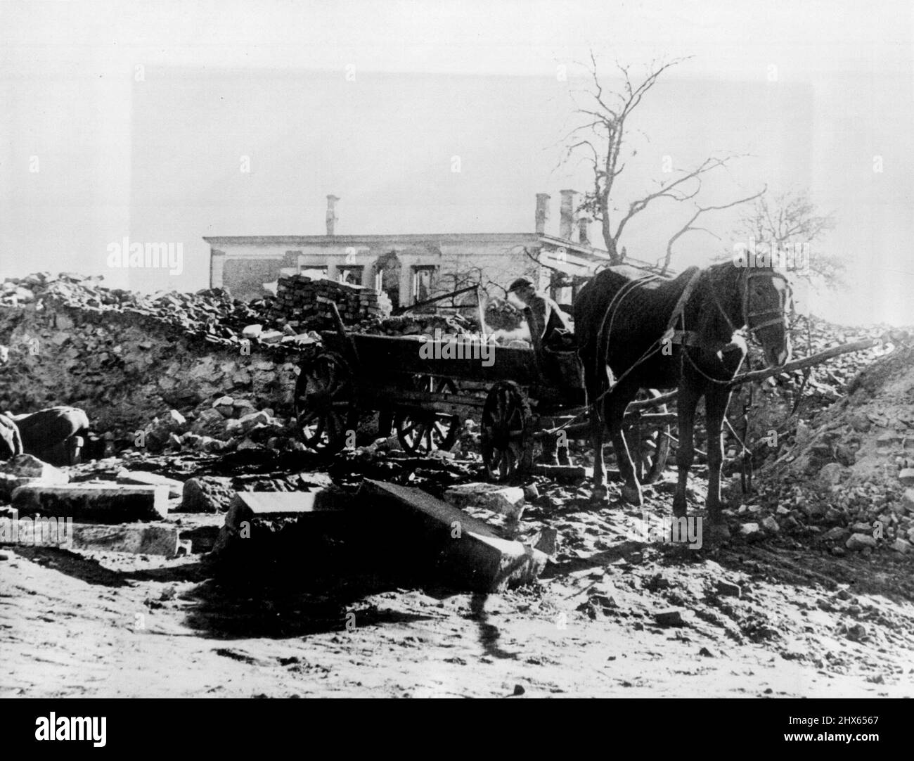 Zerstörung durch Krieg – dieser ukrainische Einpferdewagen beginnt die gewaltige Aufgabe, die Trümmer der Gebäude in Schhitomir zu beseitigen. Dieses Foto wurde von Ernest G. Fischer, dem Mitarbeiter von Associated Press, während einer geführten Tour durch die deutsch-russische Front aufgenommen. 7. Januar 1942. (Foto von Associated Press Photo). Stockfoto