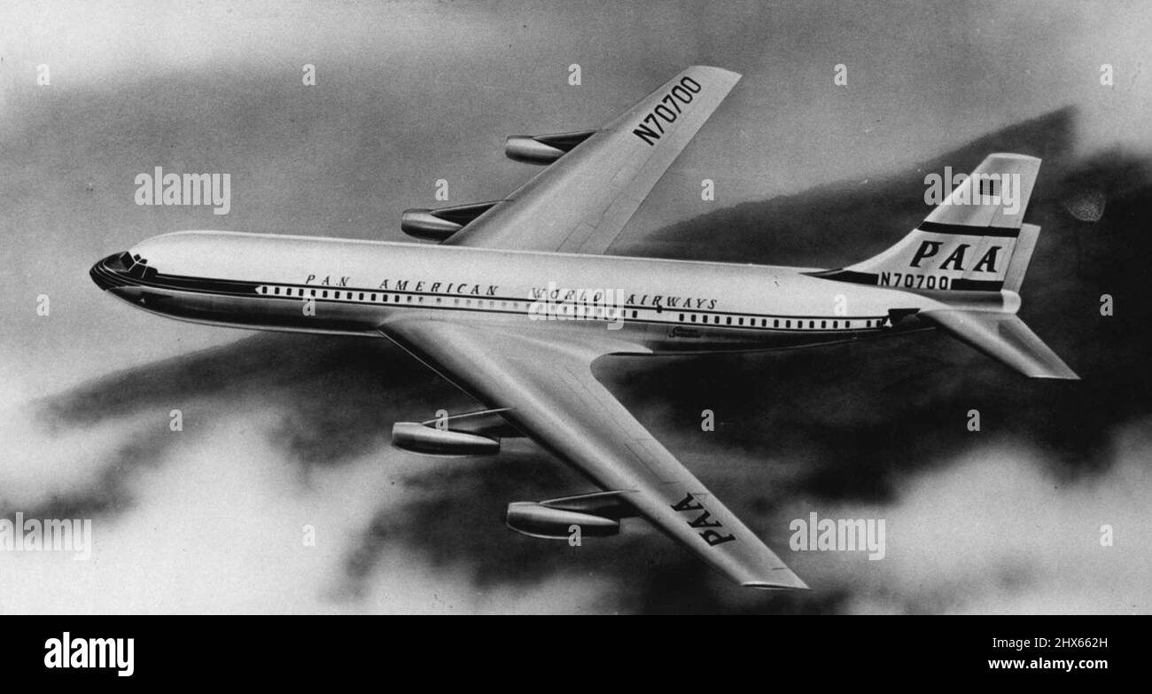 Die Vorstellung eines Künstlers vom Clipper der nahen Zukunft - die Boeing 707 - ist unten abgebildet. PAA hat 20 dieser Jet-Propelled-Flugzeuge bestellt, die ersten werden im Dezember 1958 ausgeliefert, sowie 25 Douglas DC-8-Jetliner. Beide Flugzeuge werden eine Reisegeschwindigkeit von 575 Meilen pro Stunde haben und den 2400 Meilen langen Flug von Honolulu nach San Francisco in 4½ Stunden machen können. 7. Dezember 1955. Stockfoto