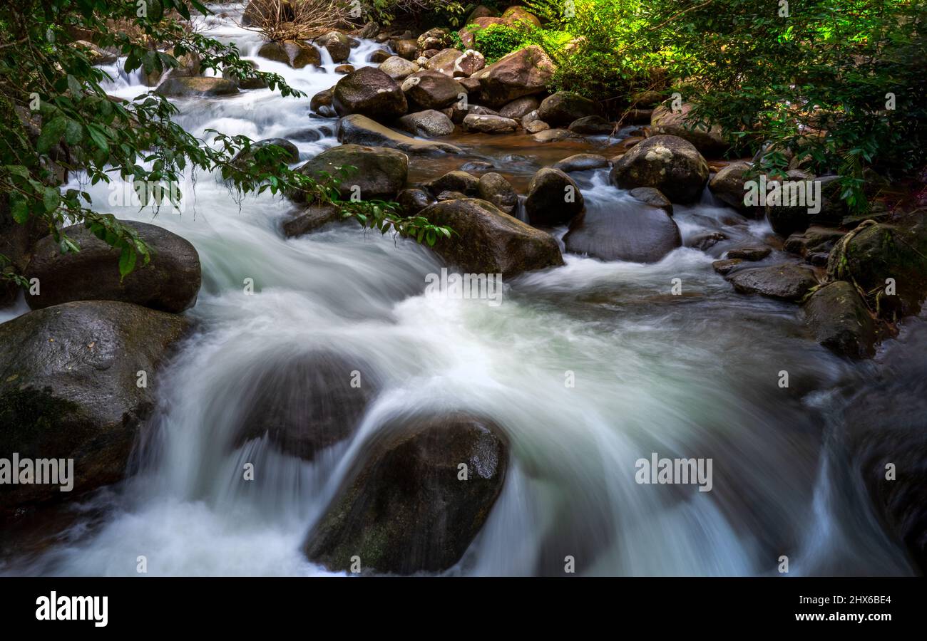 Schöner natürlicher Wasserfall und grüner Wald im Bergkonzept Reisen und entspannen im Urlaub. Stockfoto