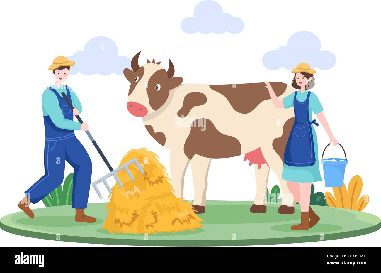 Landwirte melken Kühe, um Milch mit Blick auf Green Meadows oder auf Bauernhöfen in einem Illustration Flat Style zu produzieren oder zu erhalten Stock Vektor