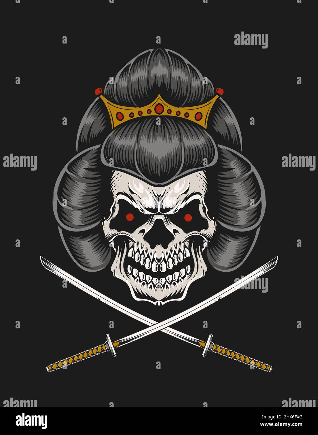Abbildung Geisha Schädelkopf mit zwei Katana-Schwert Stock Vektor