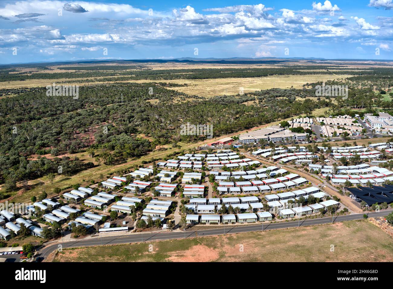 Luftaufnahme von Civo Village Unterkunft für FIFO-Arbeiter in Moranbah Queensland Australien Stockfoto