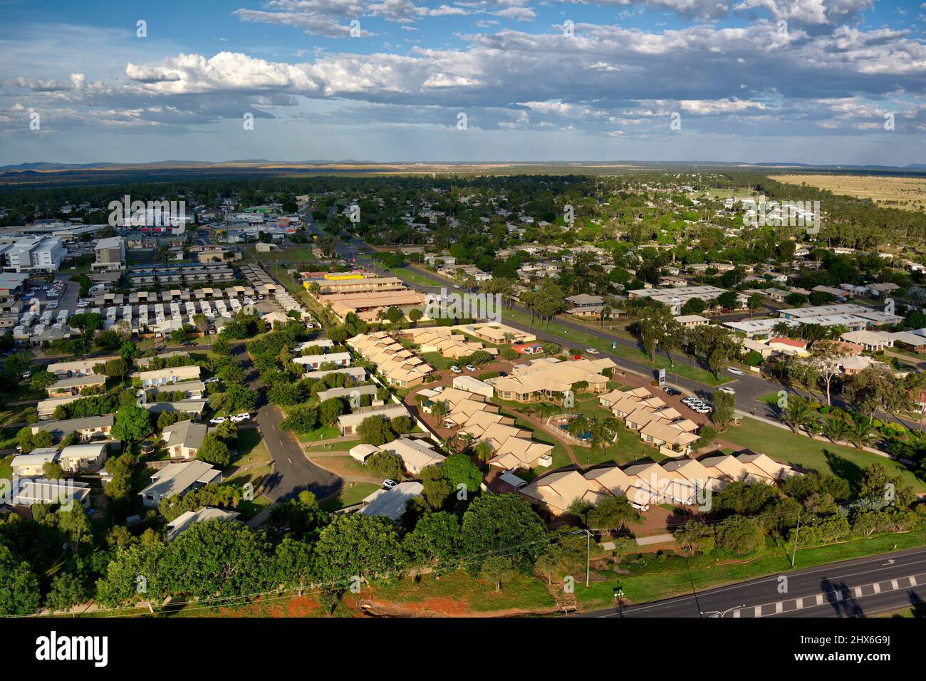 Luftaufnahme der Bergbaudienststadt Moranbah Queensland Australien Stockfoto