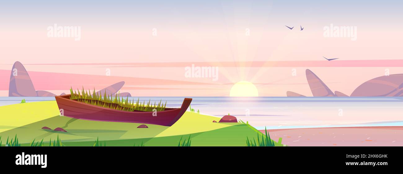 Sonnenaufgang Strand und alte Holzboot mit wachsendem Gras im Inneren, Dämmerung Natur Hintergrund. Frühmorgens Ozeanlandschaft, rosa Himmel mit strahlender Sonne über dem Meerwasser, Landschaft Ufer Cartoon Vektorgrafik Stock Vektor