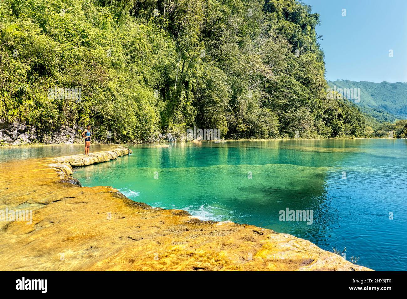 Touristen genießen die schönen Pools von Semuc Champey, Rio Cabohon, Lanquin, Alta Verapaz, Guatemala Stockfoto