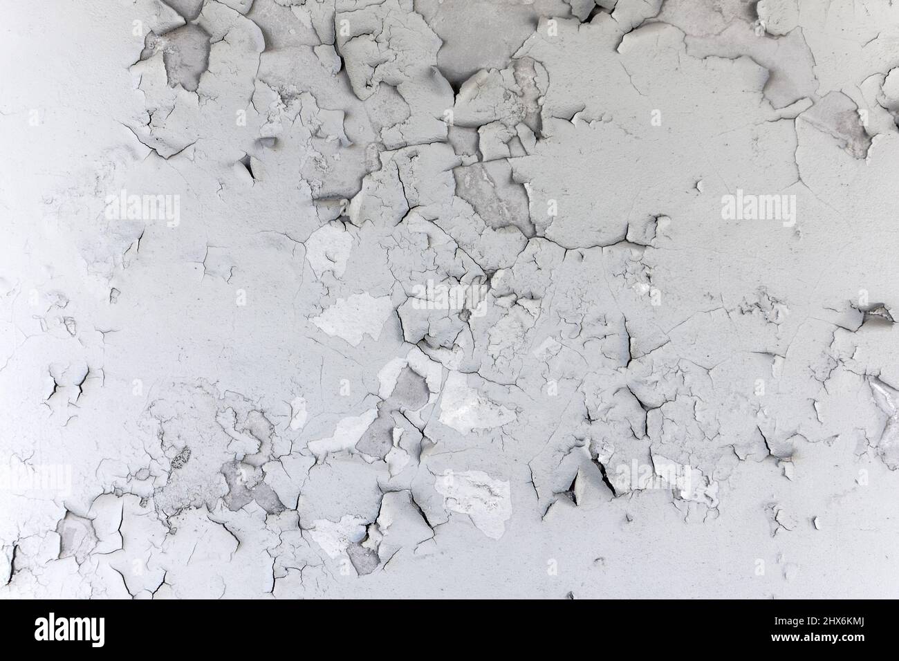 Alte weiße Farbe peelt mit rissigen Schichten an der Betonwand Stockfoto