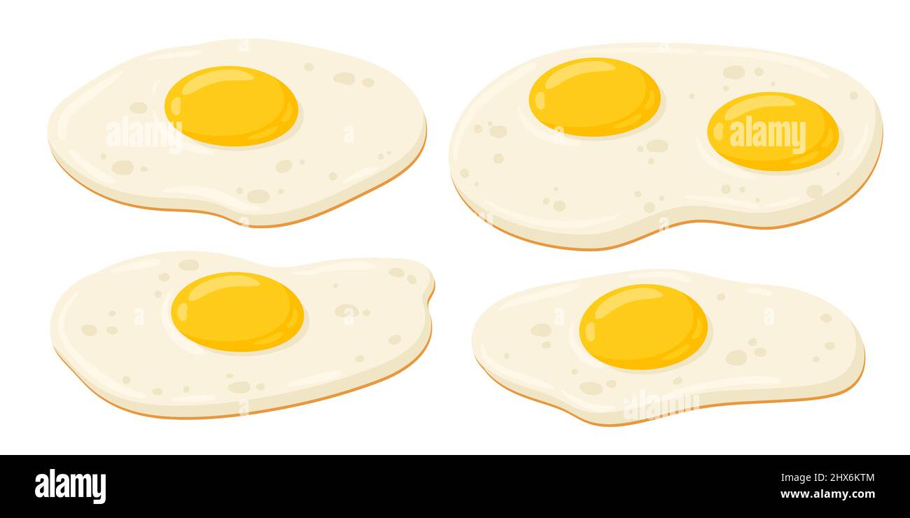 Cartoon Spiegeleier, Omelette - Vektor-Illustration-Set. Bio-Landwirtschaftsprodukt auf weißem Hintergrund isoliert. Stock Vektor