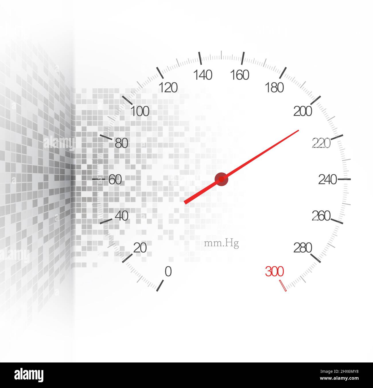 Das Sphygmomanometer befindet sich räumlich in einem abstrakten Innenraum als Konzept der medizinischen Vorsorgeuntersuchung Stockfoto